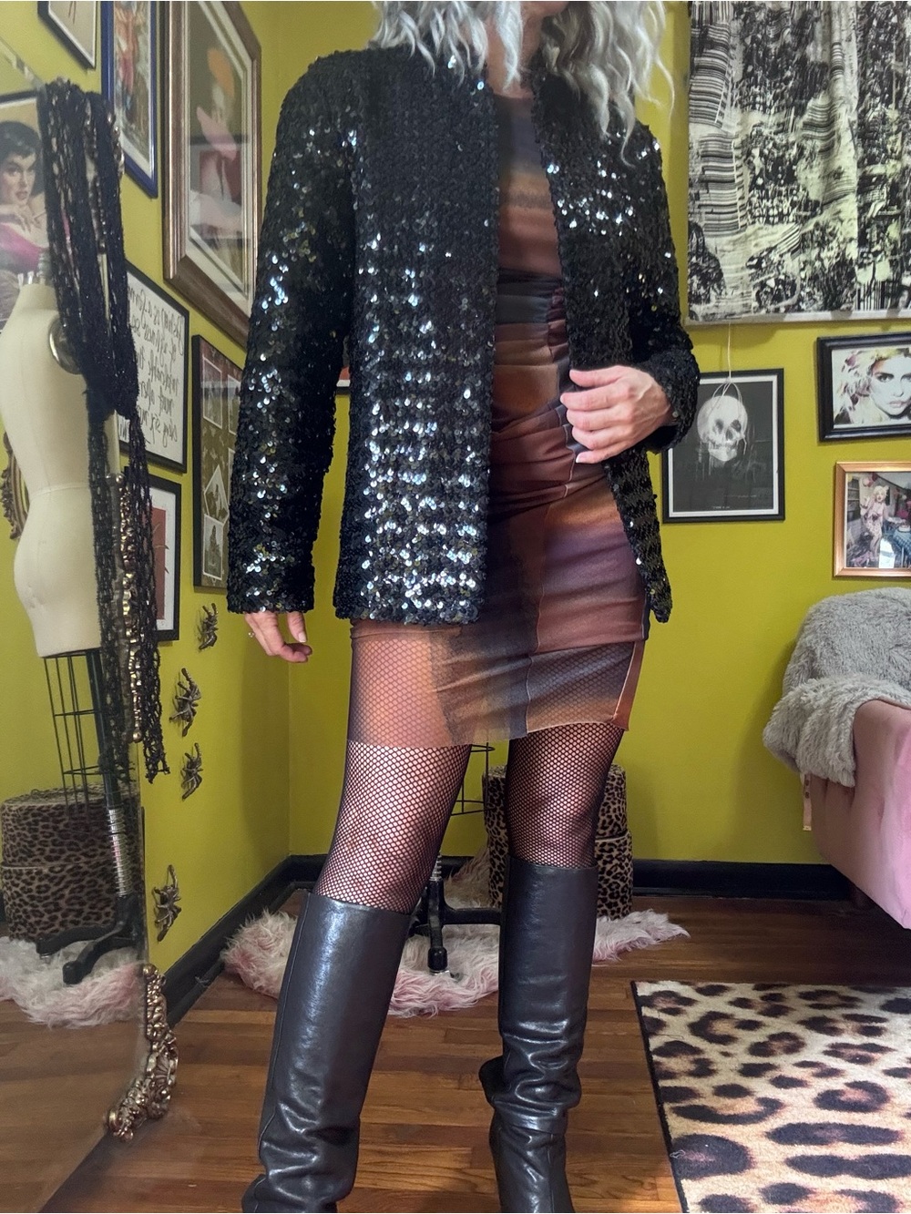 Vintage Black Sequin 80s Open Front Jacket